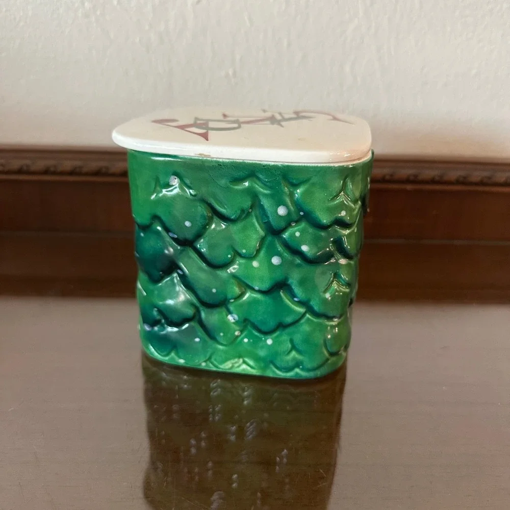Vintage Holt Howard Christmas Candy Dish Evergreen Ceramic Jar Santa Pop Up